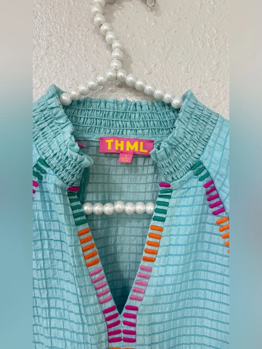 THML PUFF SLEEVE EMBROIDERY DETAIL STRIPED TOP Size S - Picture 3 of 8